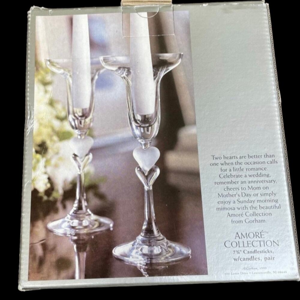 Gorham Glass Candle Holders Amore German Vtg 1999 Box Frosted Heart Love NOS